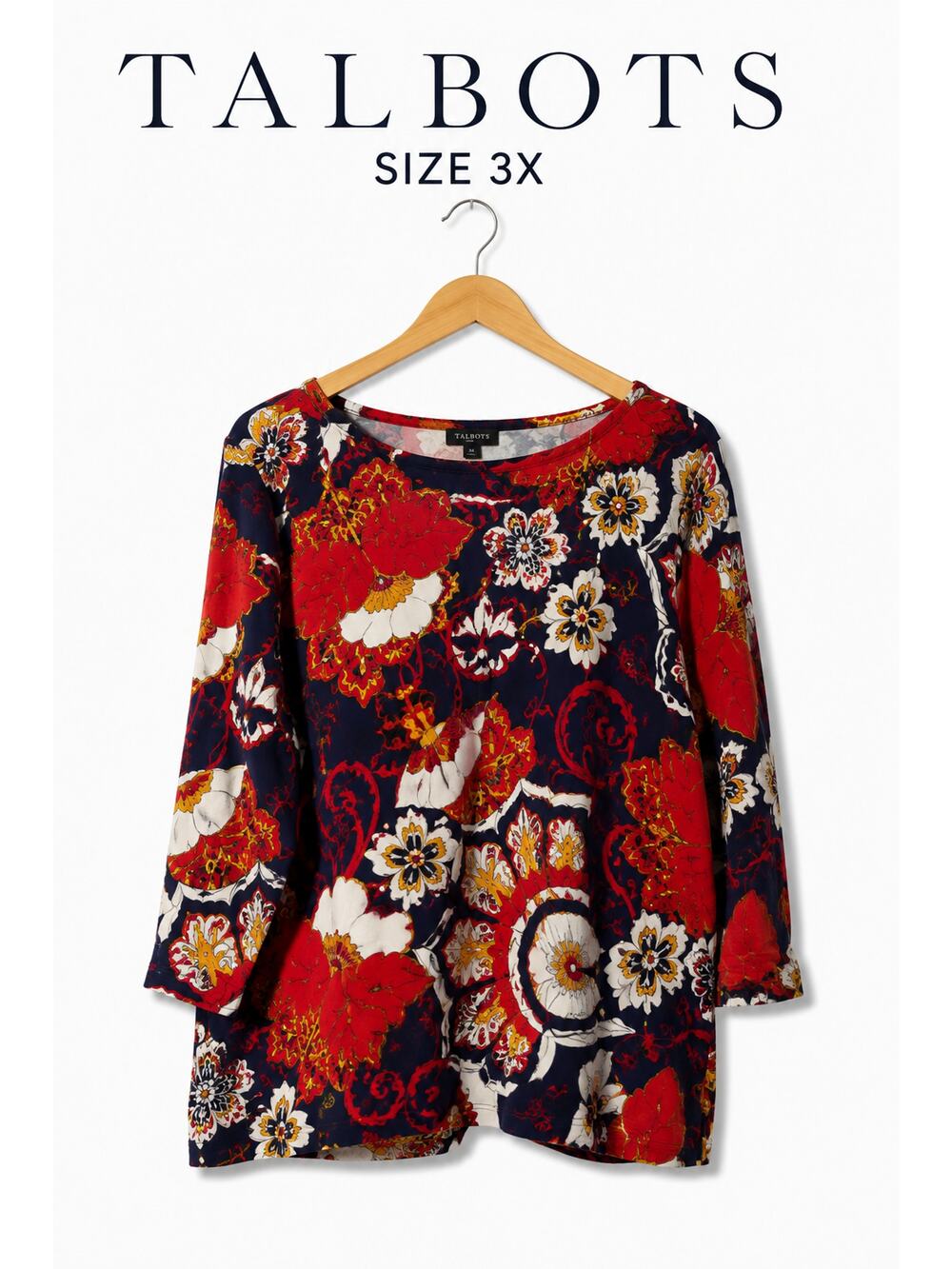 Talbots 3X Plus Floral Scroll Print Boat Neck Top 3/4 Sleeve Stretch Knit